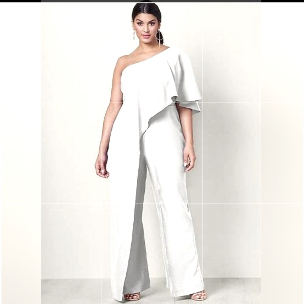 Venus one shoulder pant suit in white